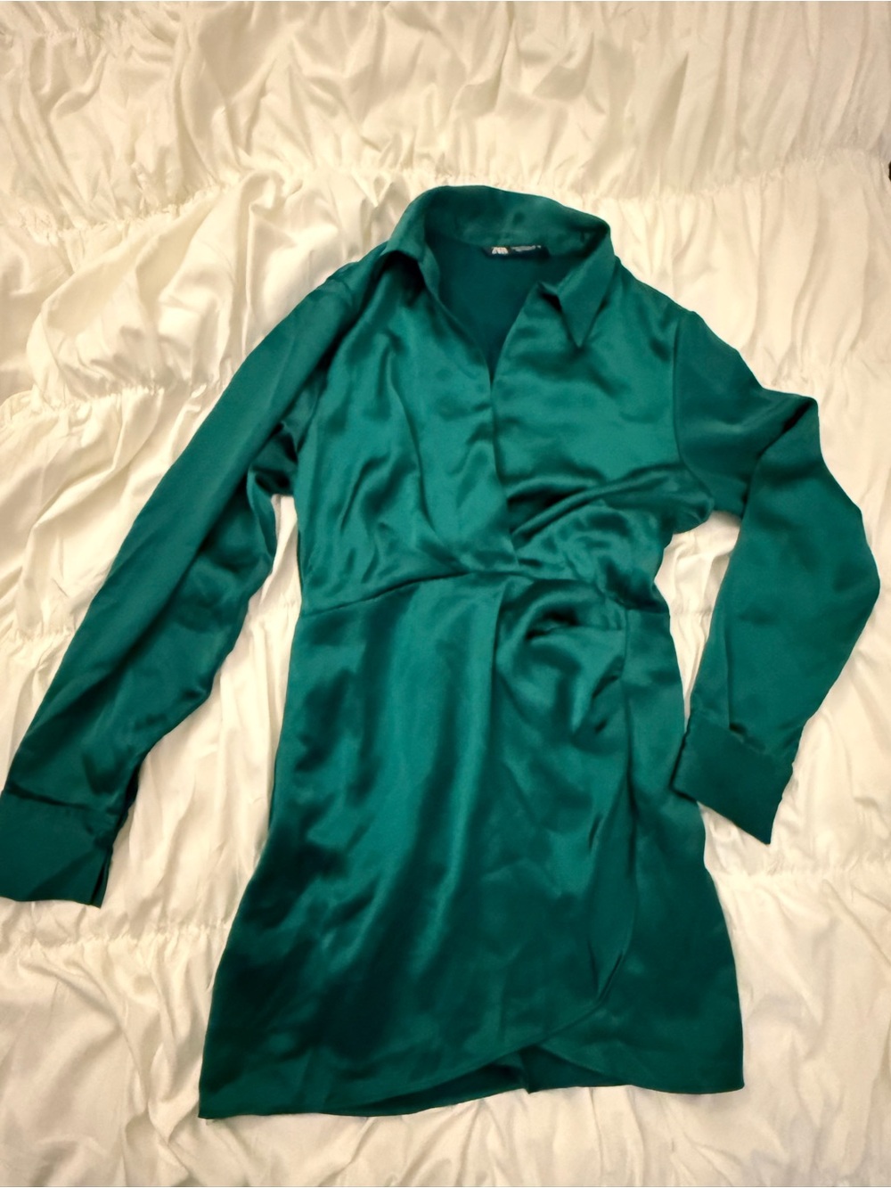 Zara Teal Satin Wrap Long-Sleeve Shirt Dress
